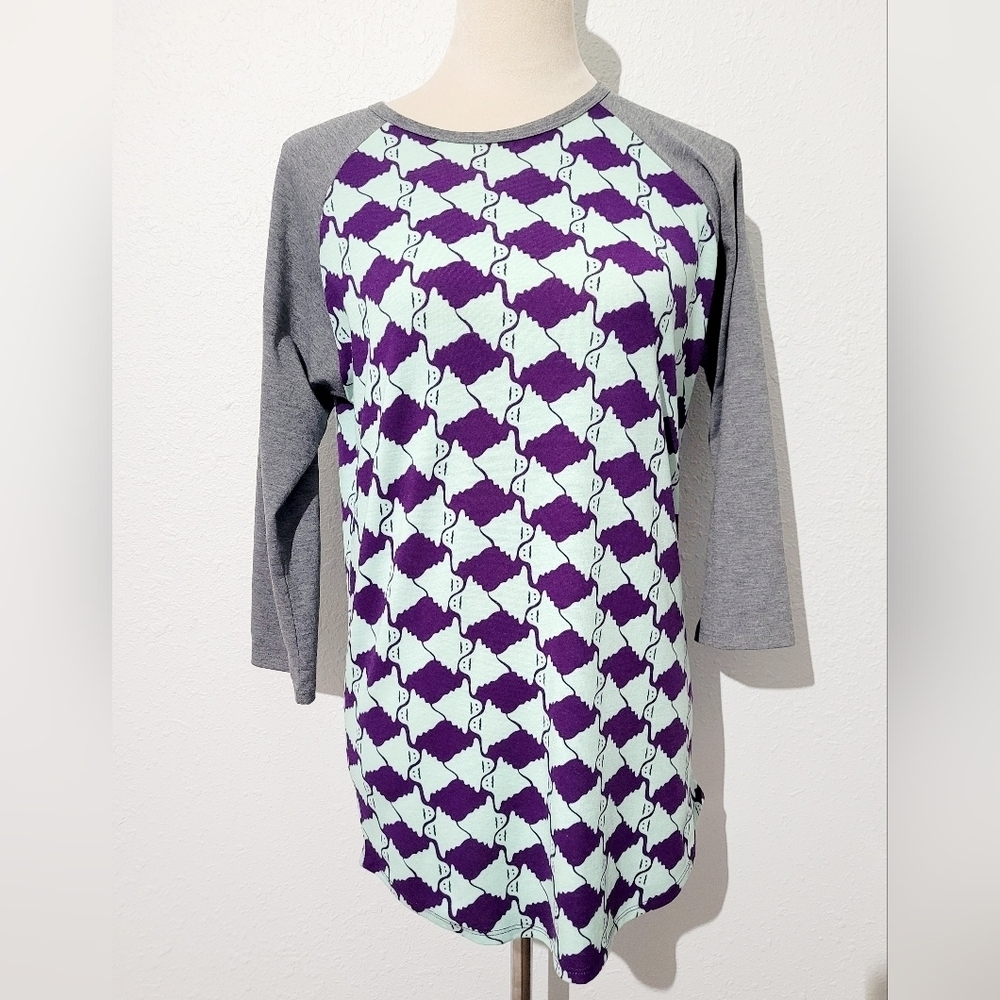 LuLaRoe Randy Raglan Top S Gray Purple Mint Ghost Print Halloween 3/4 Sleeve...